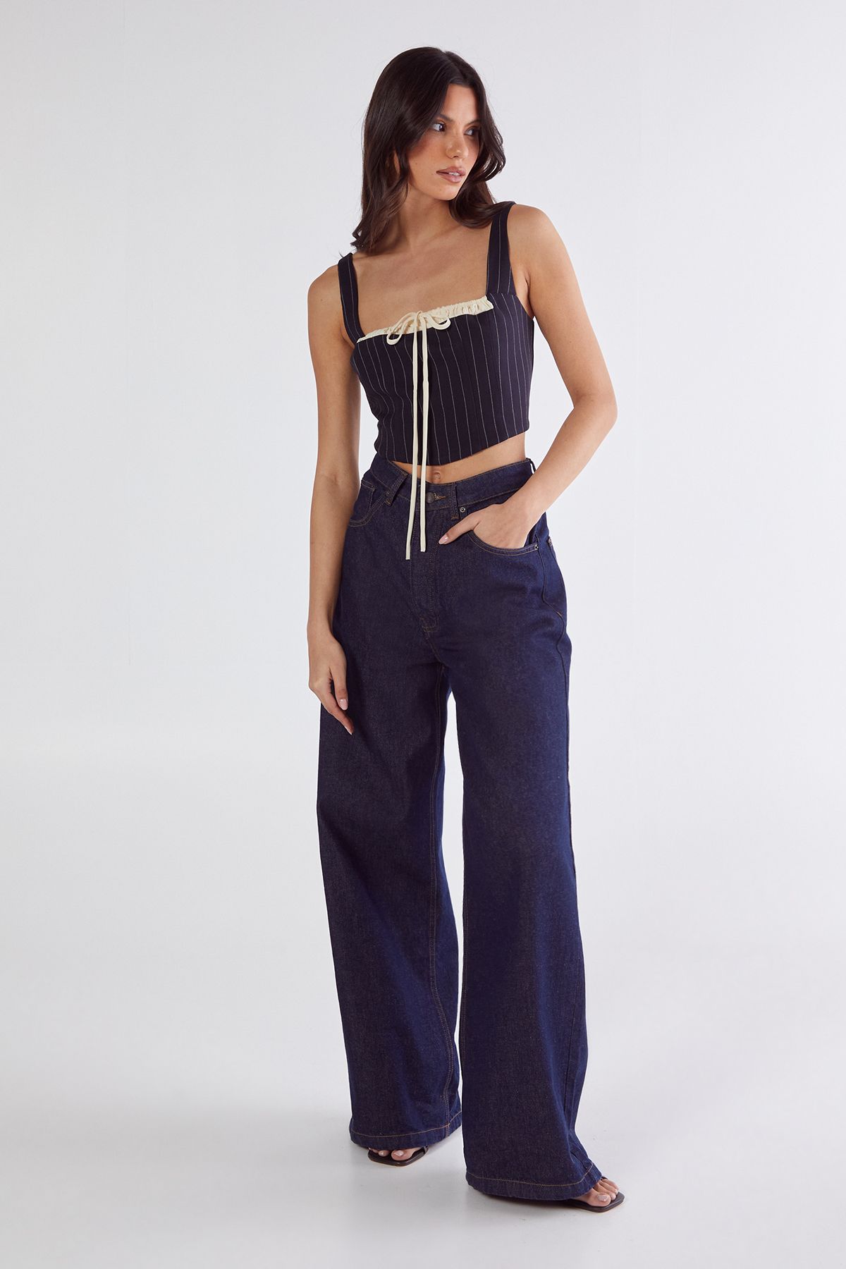 NastyGal Pinstripe Contrast Bust Tailored Corset Top Navy image 3