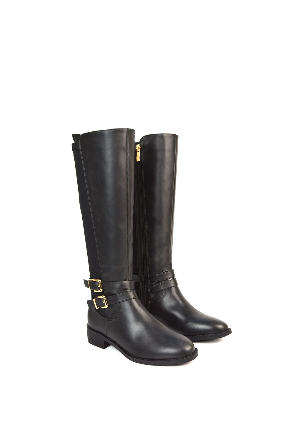 XY London 'Charlie'' Flat Heel Zip Up Knee High Stretchy Boots With Buckle image 4