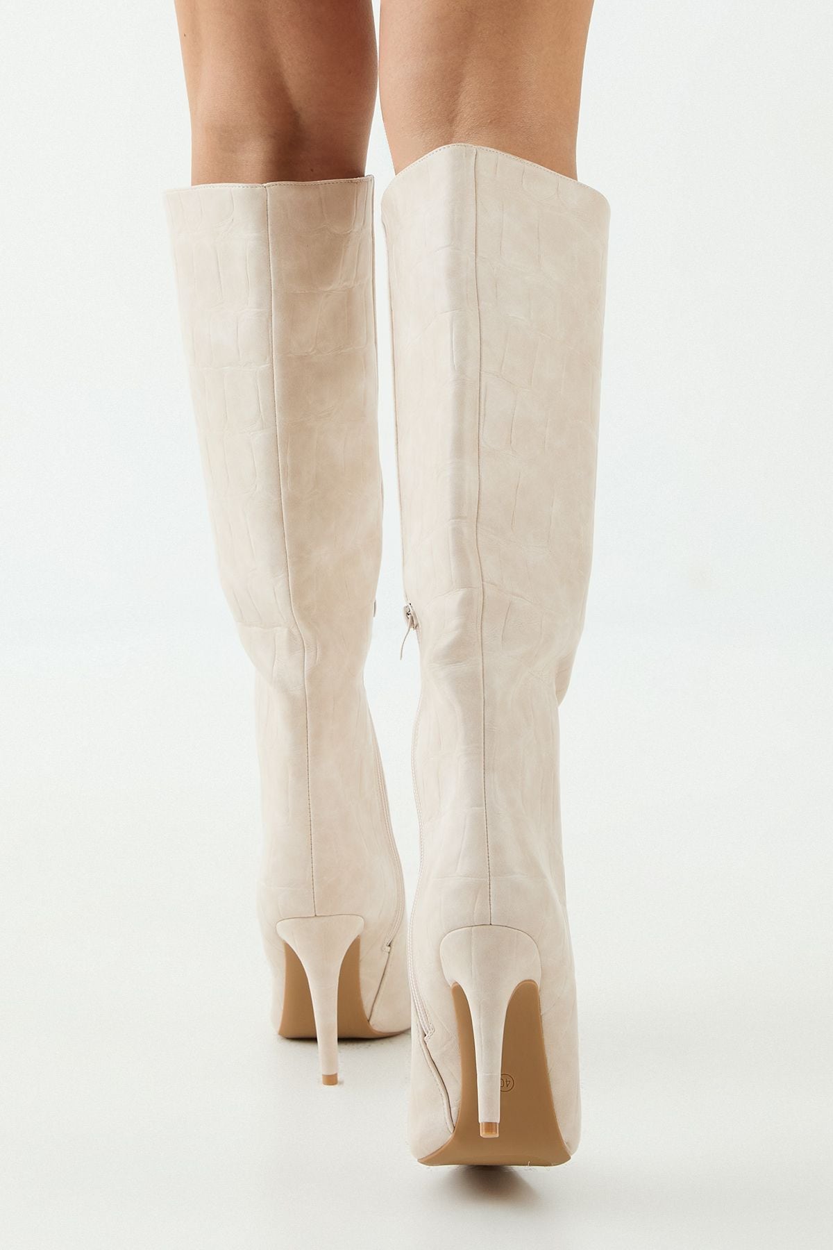 MissPap Faux Croc Print Leather Pointed High Stiletto Knee Boots Beige image 3