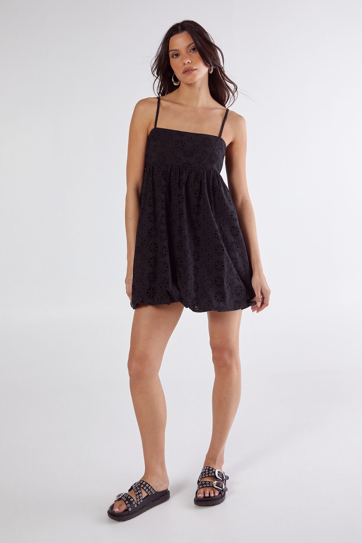 NastyGal Broderie Puffball Strappy Mini Dress Black image 2
