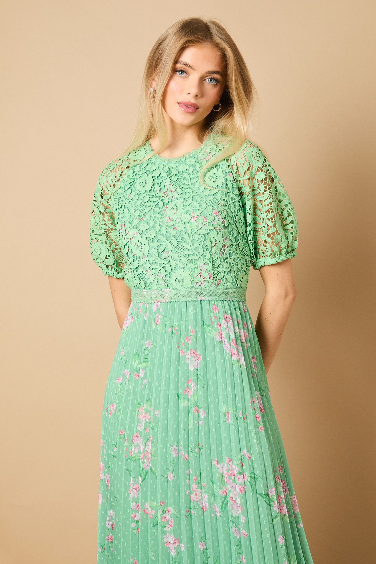 Oasis Occasion Floral Lace Bodice Pleated Midi Dress Sage image 2