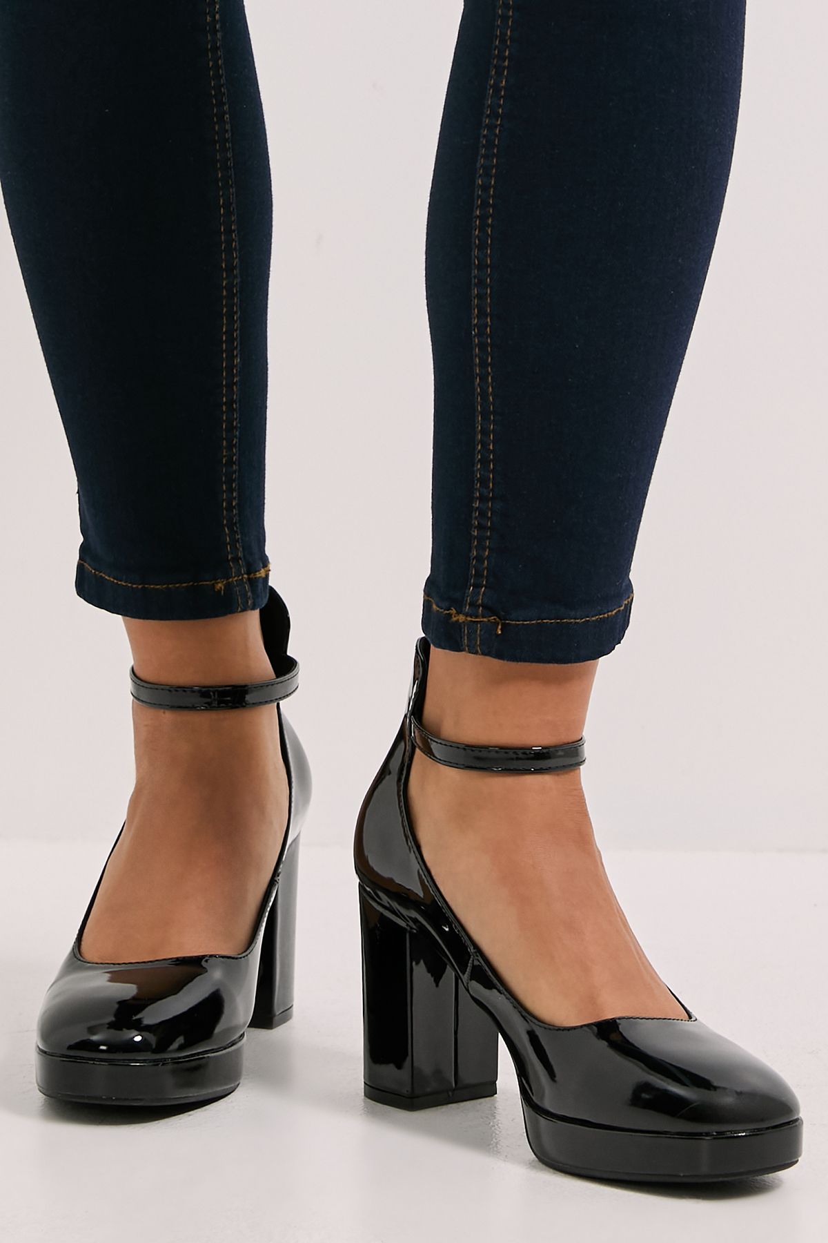 Dorothy Perkins Vanessa Faux Patent Leather Platform Ankle Strap High Block Heel Court Shoes True Black image 2