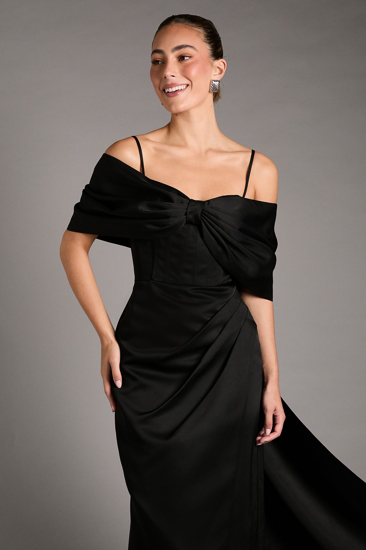 Coast Bardot Satin Dress With Bow Back Detail Black image 2