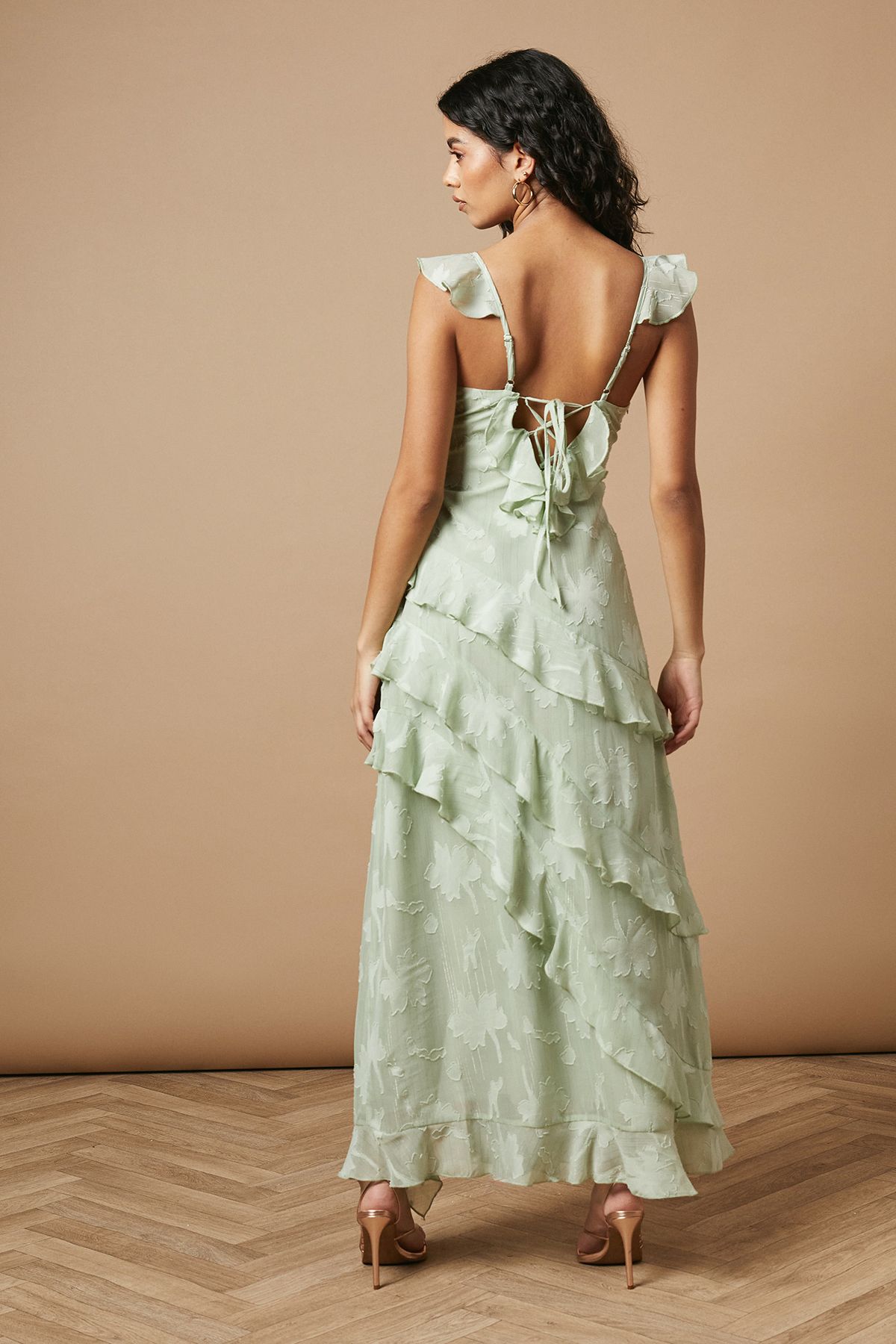 Oasis Petite Ruffle Jacquard Print Maxi Dress Sage image 3