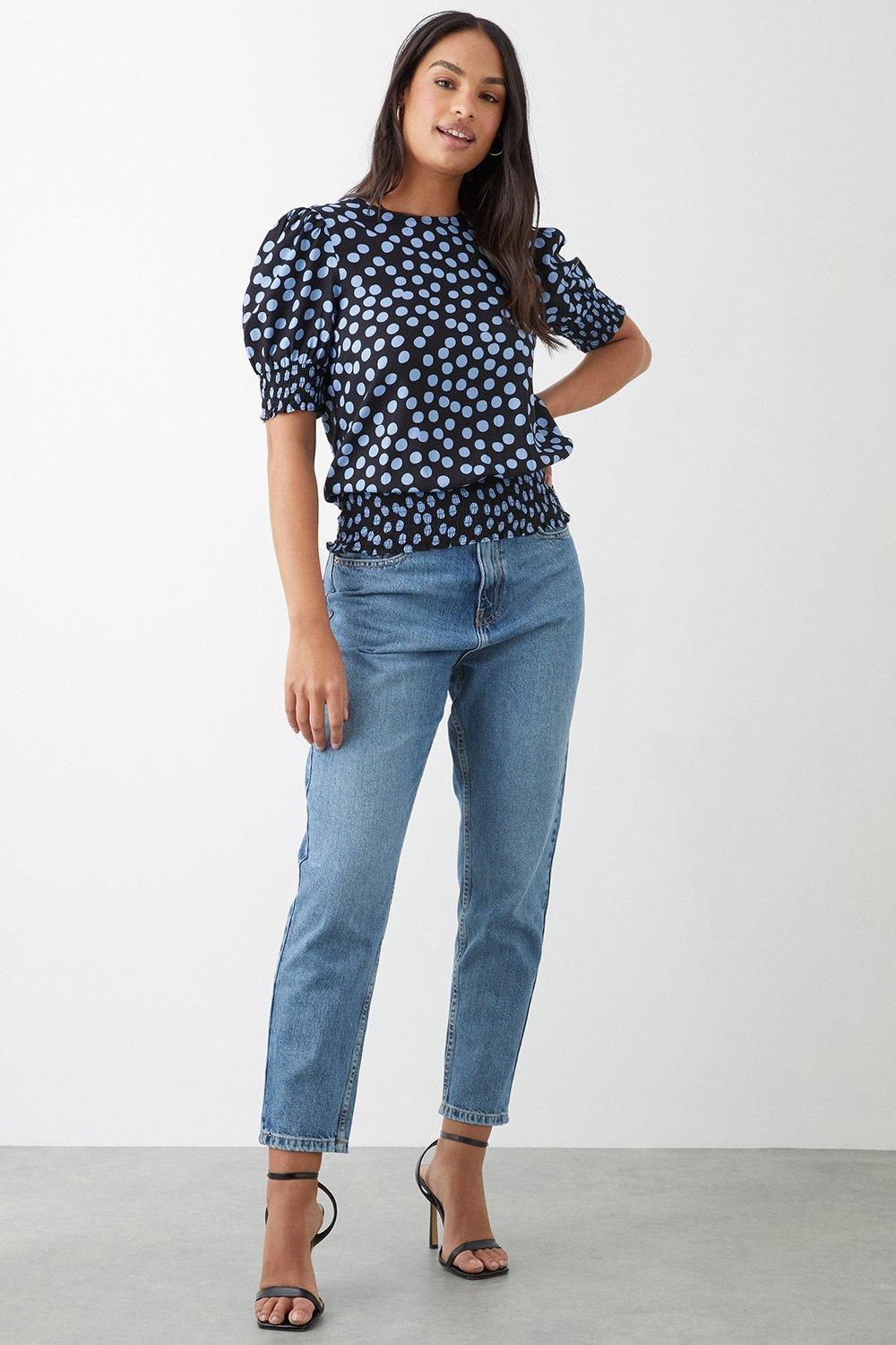 Dorothy Perkins Blue Spot Shirred Hem Blouse Black image 1