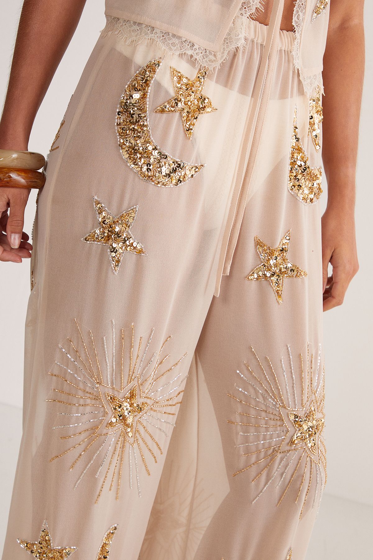 NastyGal Embellished Moon & Star Wide Leg Beach Trouser Champagne image 3