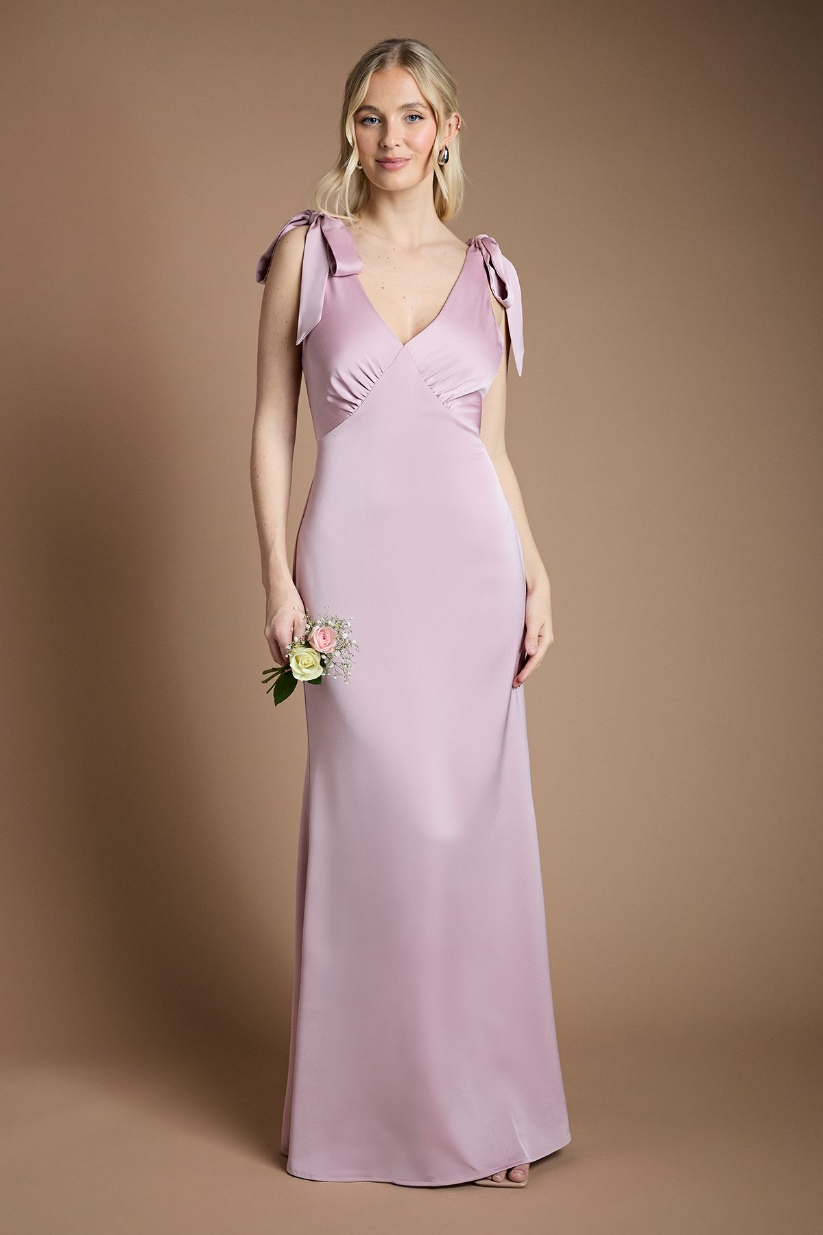 Coast Coast Honoured Satin Back Crepe V Neck Tie Shoulder Maxi Bridesmaid Dress Dusty Rose image 1