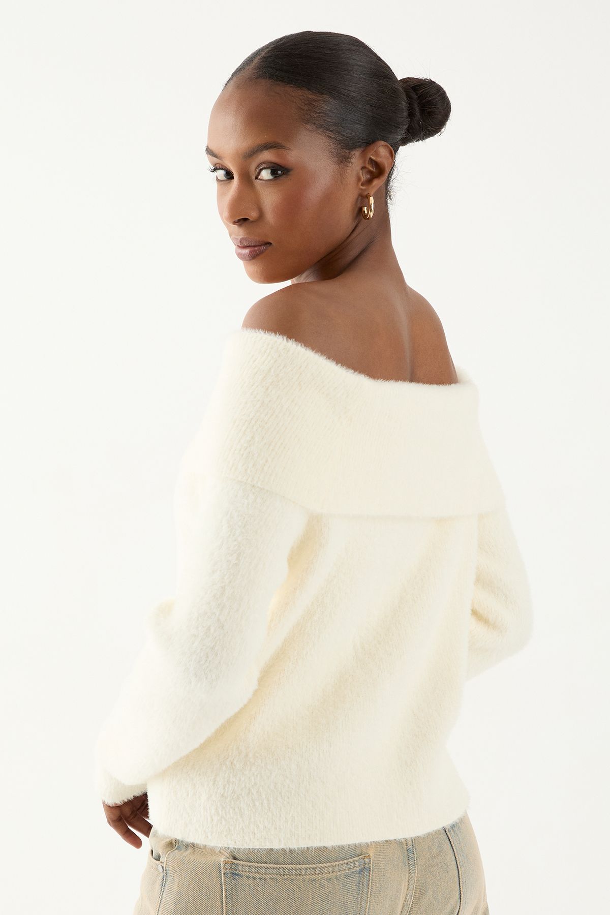 MissPap Eyelash Knit Fold Over Detail Top Ecru image 5