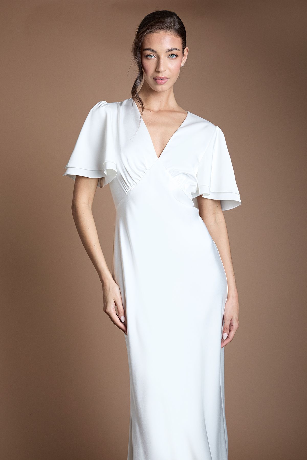 Oasis Deep V Fluted Sleeve Maxi Wedding Dress Ivory image 2