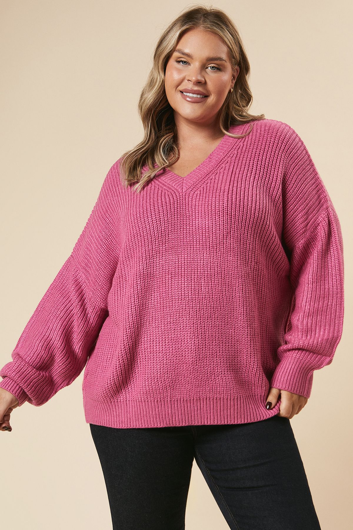 Dorothy Perkins Curve Ribbed V Neck Jumper Pink image 1