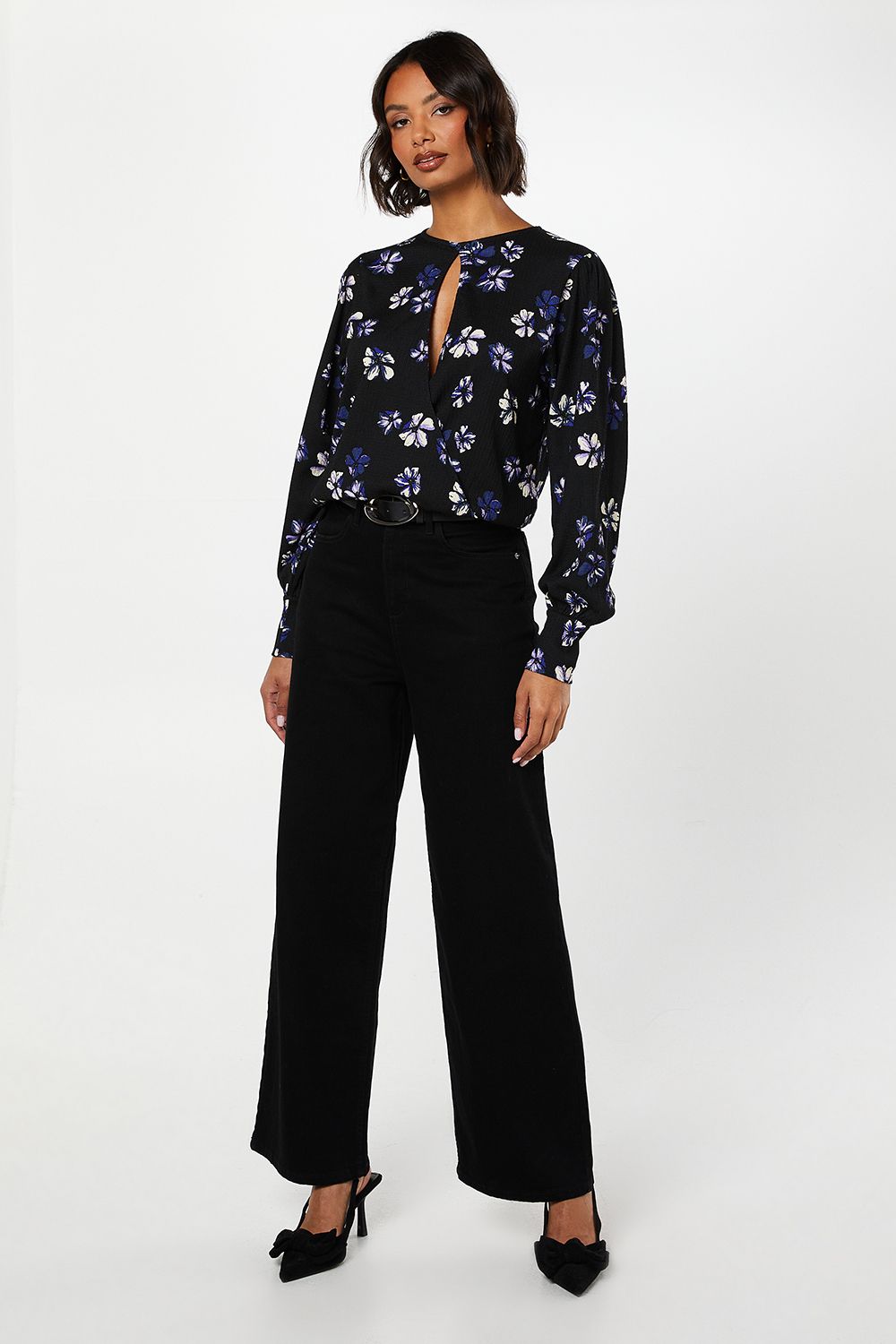 Dorothy Perkins Purple Floral Keyhole Long Sleeve Wrap Top Floral image 4