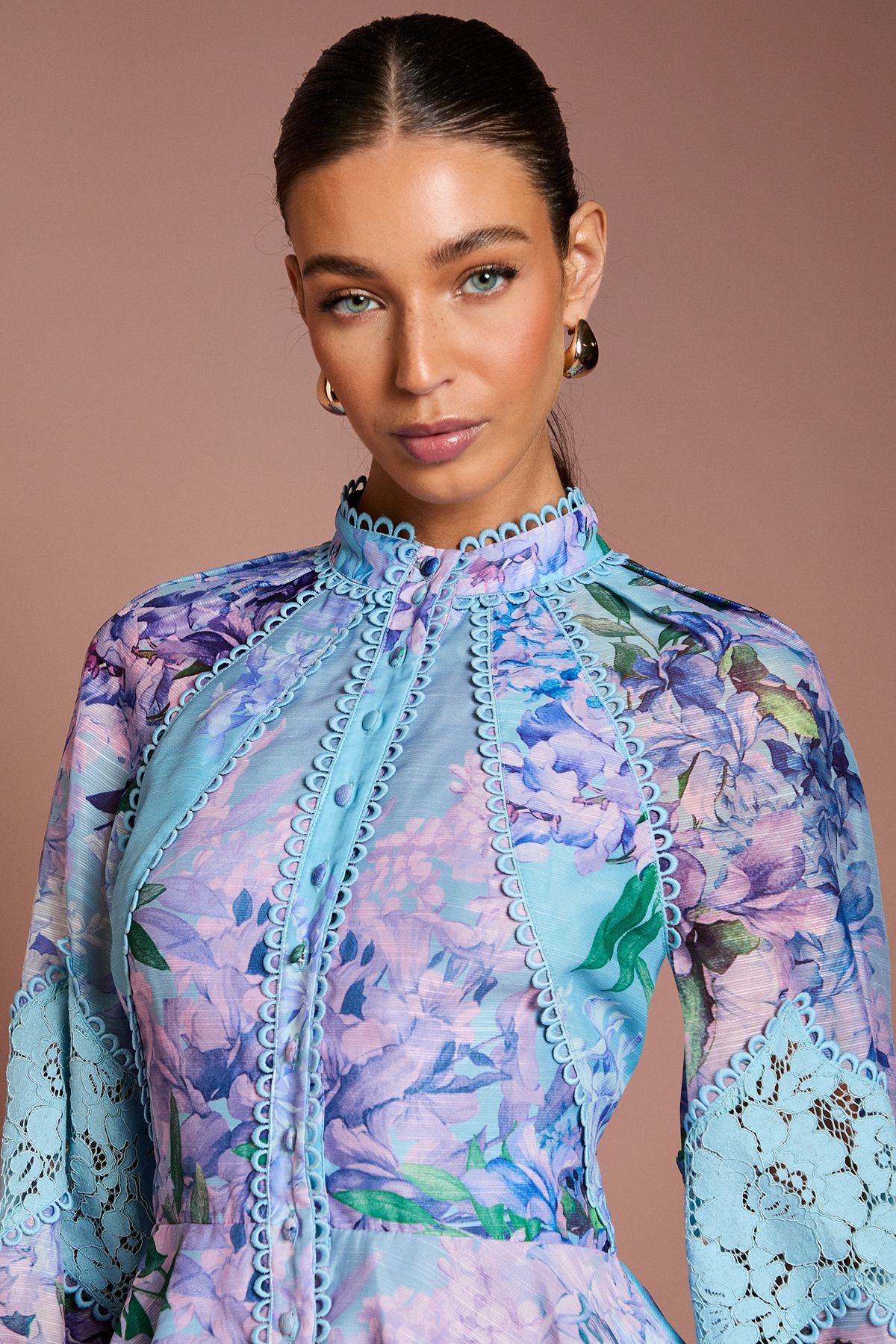 Coast Printed Blouson Sleeve Lace Trim Blouse Blue image 5