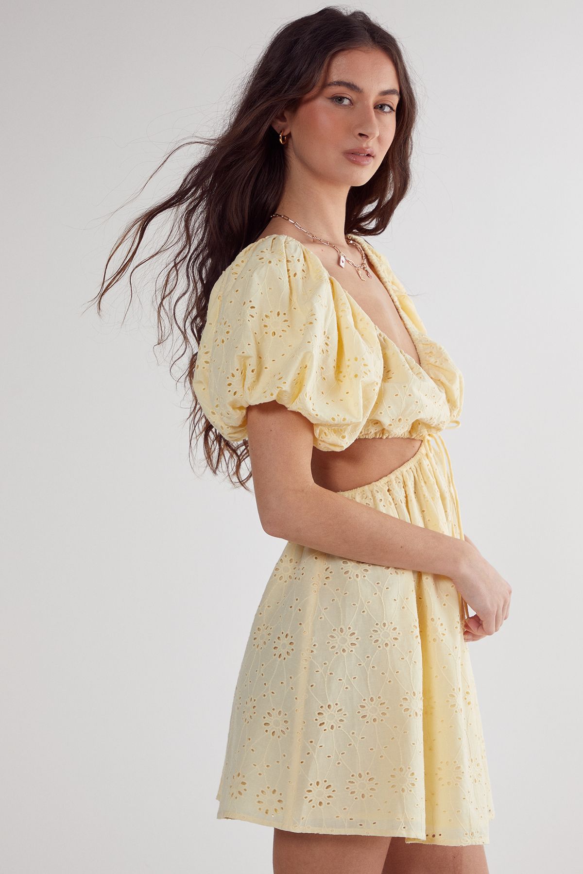 NastyGal Broderie Cut Out Tie Front Puff Sleeve Skater Dress Lemon image 4