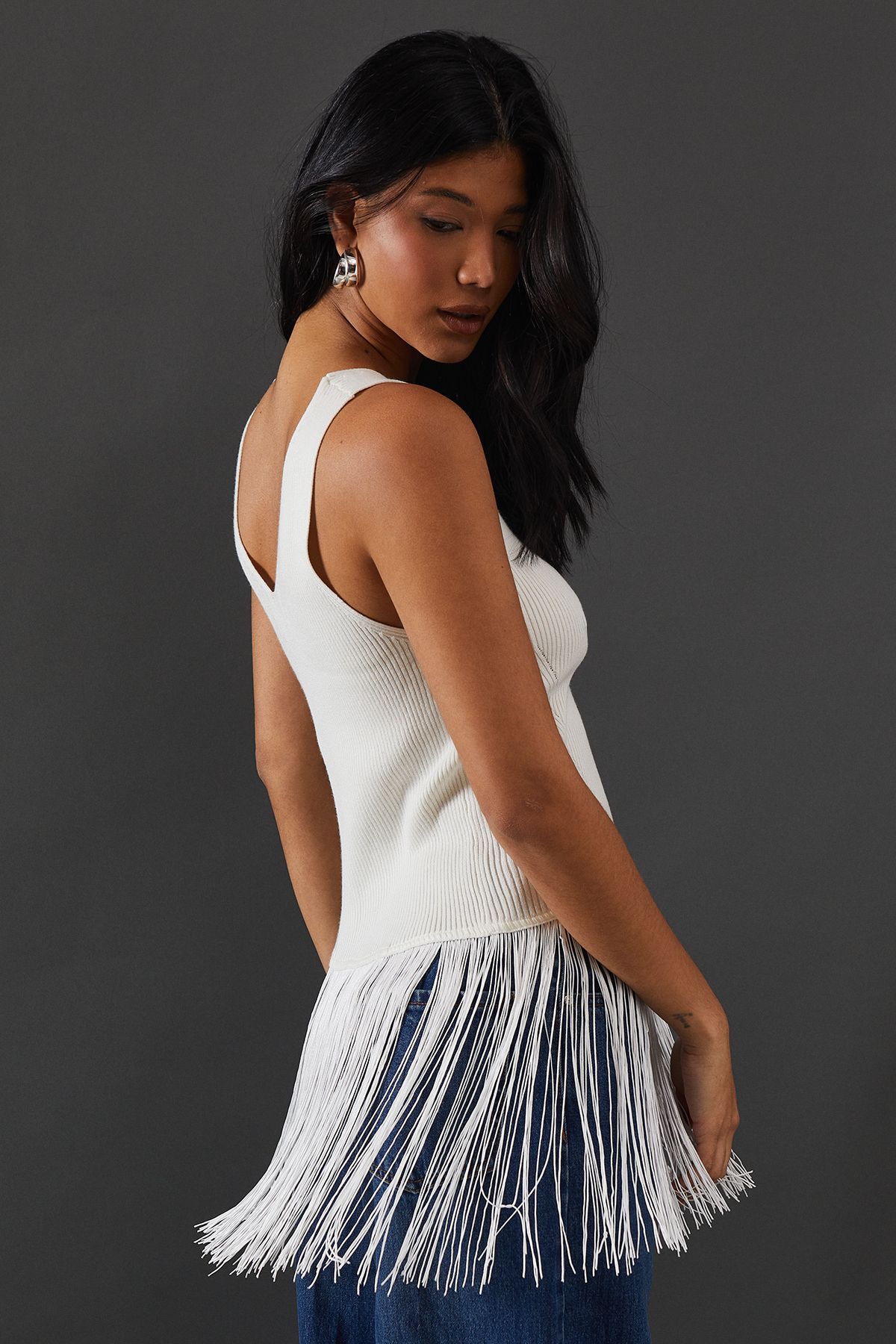 Warehouse Sleeveless Fringed Vest Ivory image 3