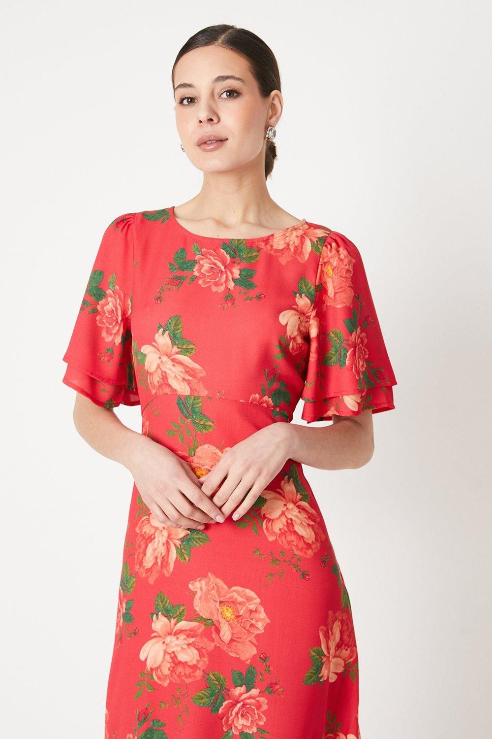 Dorothy Perkins Floral Tie Back Flutter Sleeve Midi Dress Pink image 2
