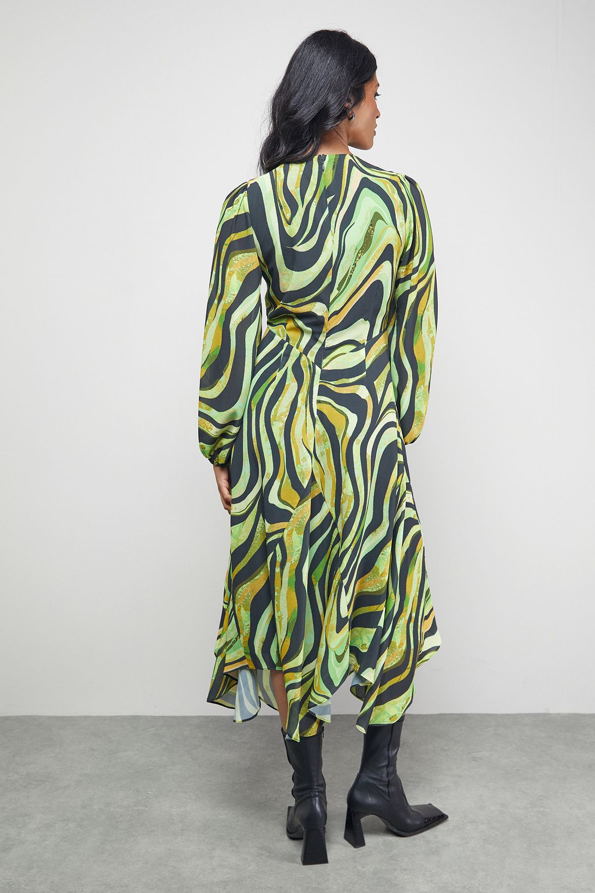 Warehouse Tony Chiffon Plunge Neck Asymmetric Hem Midi Dress Zebra image 4