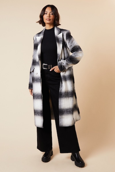 Dorothy Perkins Tall Wool Check Double Breasted Maxi Coat Grey