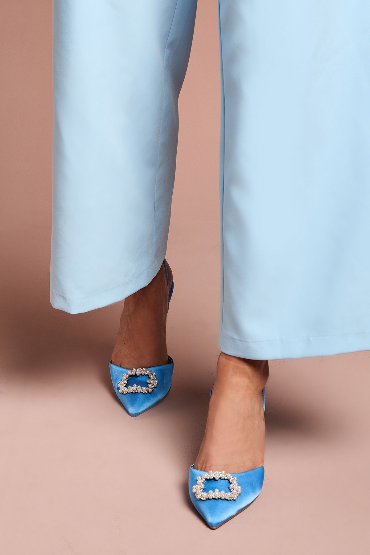 Coast Selene Satin Pearl Trim Slingback High Heel Court Shoes Blue image 3