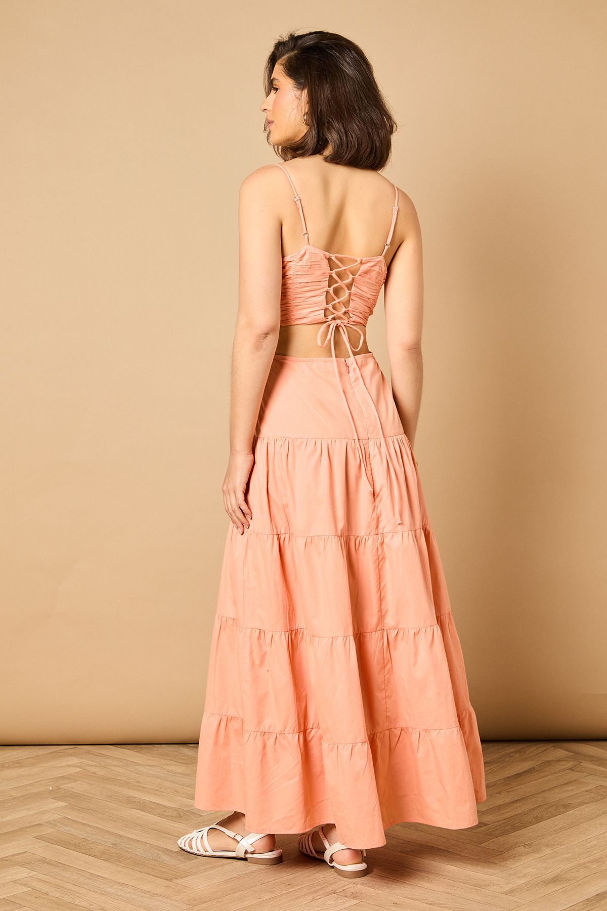 Oasis Gathered Bodice Tie Back Maxi Dress Apricot image 3