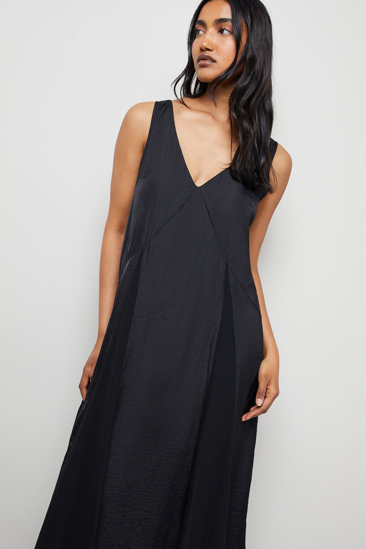 Warehouse Satin Sleeveless Asymmetric Hem Chiffon Godet Midi Dress Black image 2