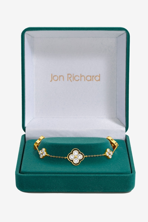 Jon Richard 14K Gold Plated Jet and Crystal Clover Bracelet - Gift Box