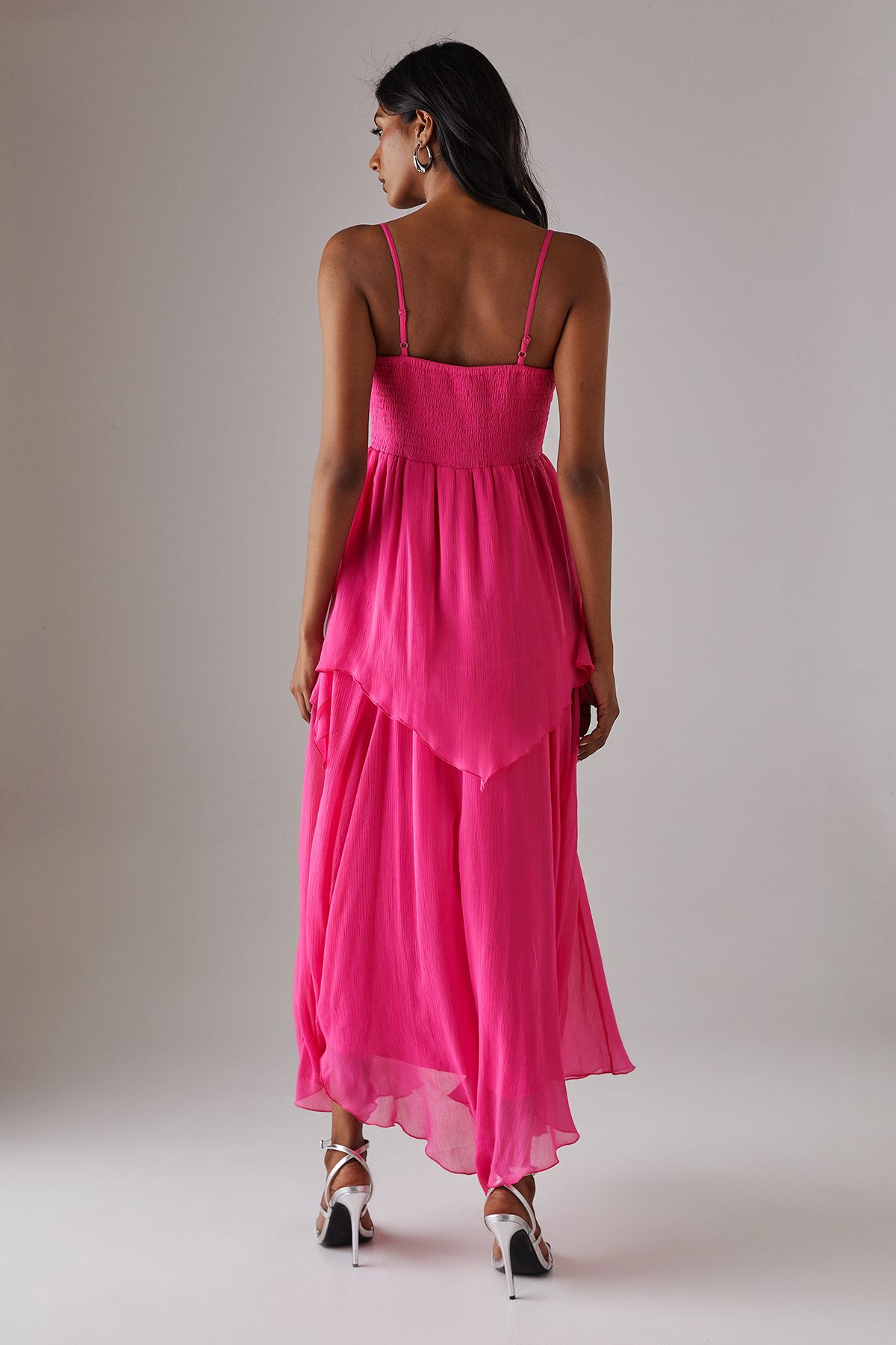 Warehouse Chiffon Asymmetric Double Layer Bandeau Maxi Dress Bright Pink image 3