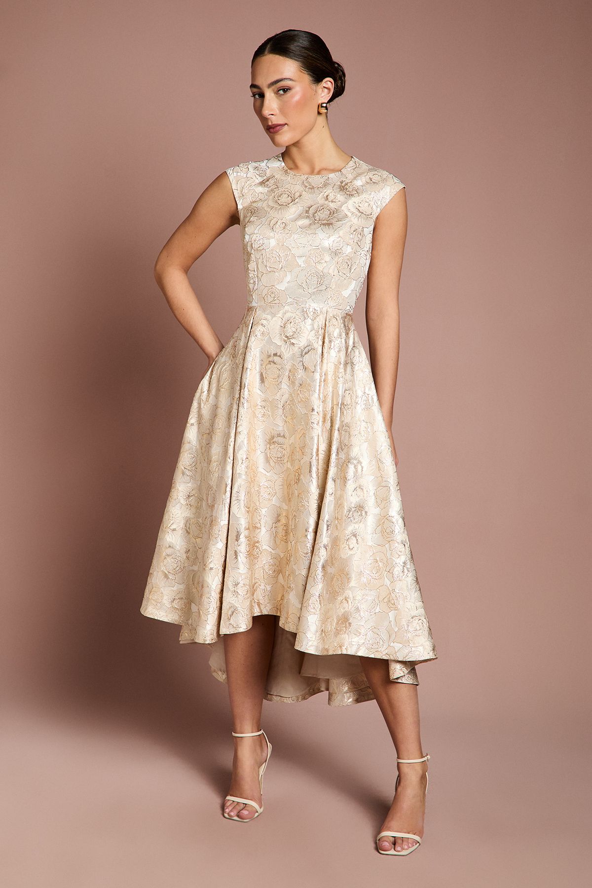 Coast Cap Sleeve High Low Jacquard Midi Dress Champagne image 1