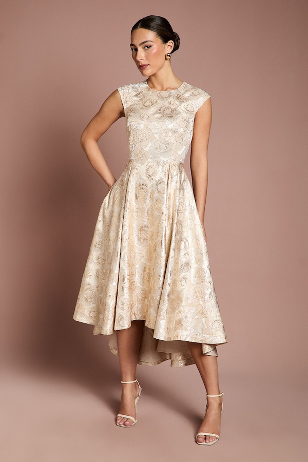Coast Cap Sleeve High Low Jacquard Midi Dress Champagne