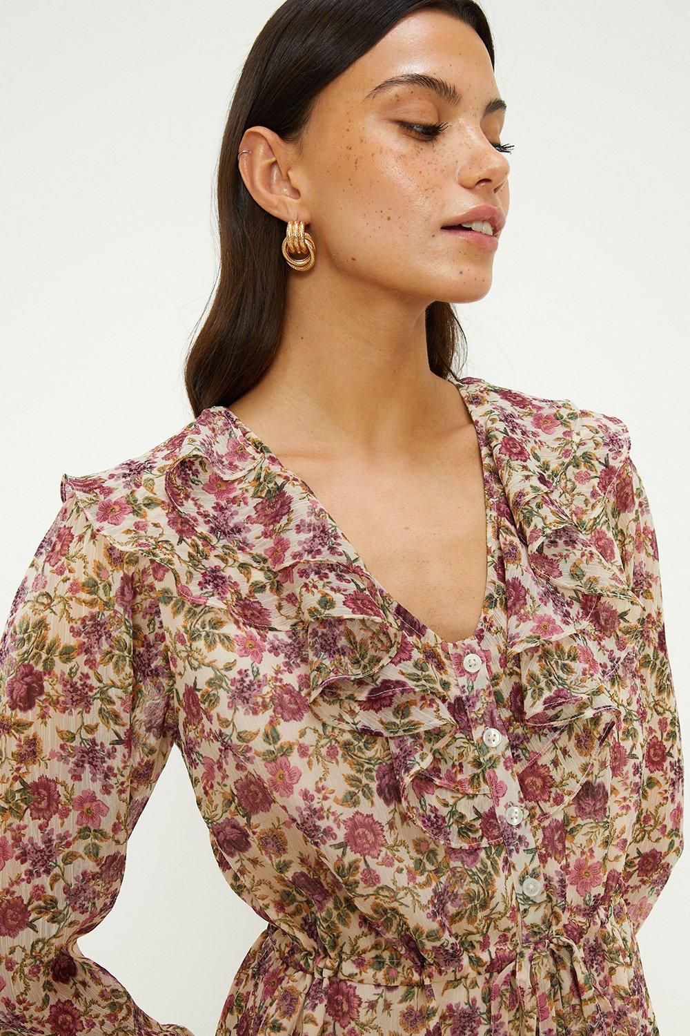 Oasis Vintage Floral Double Ruffle Button Front Dress Multi image 2
