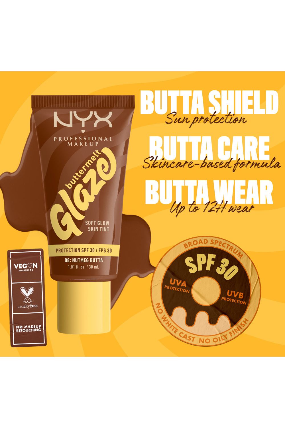 NYX Professional Makeup Buttermelt Glaze Soft Glow Skin Tint + SPF/FPS 30 30ml Nutmeg Butta image 3