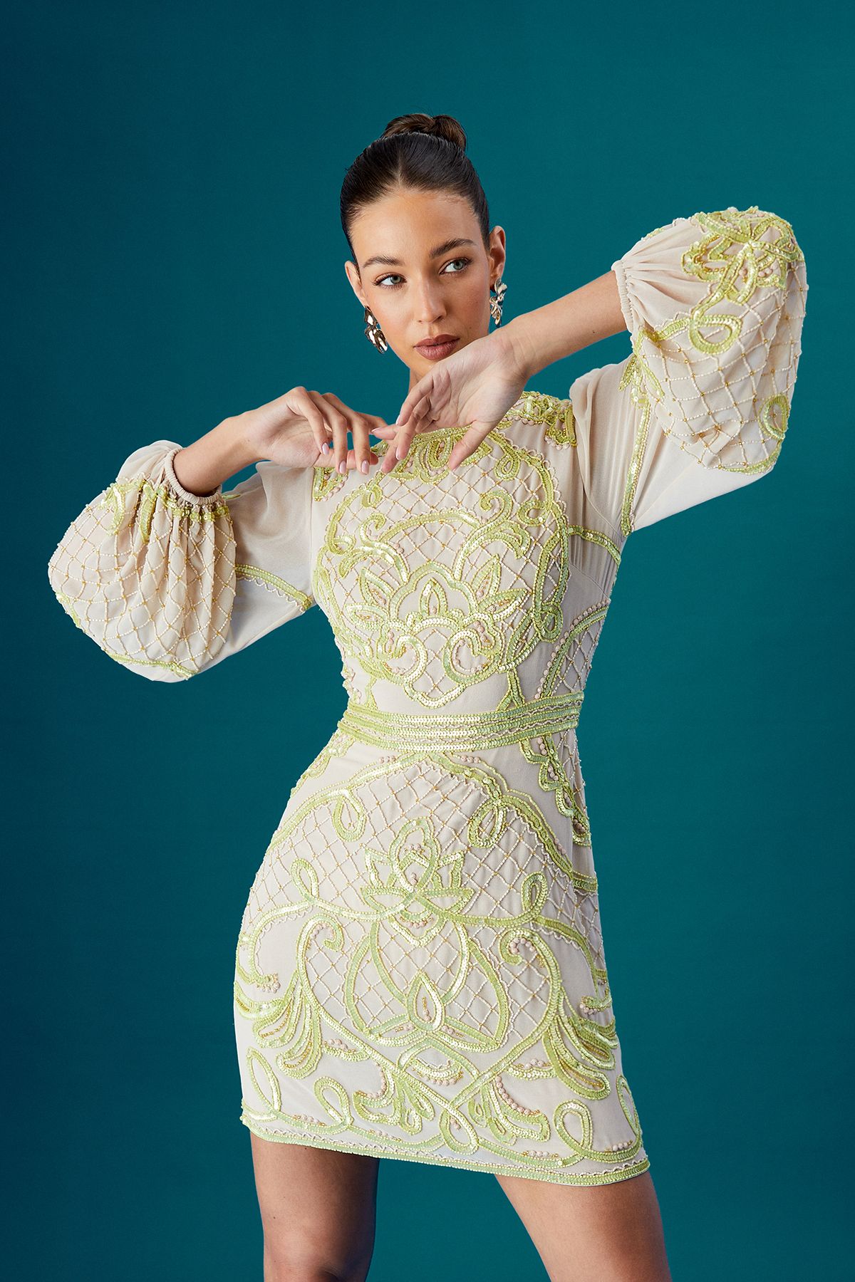 Coast Coast Muse Chiffon Embellished Mini Dress With Blouson Sleeves Natural image 1