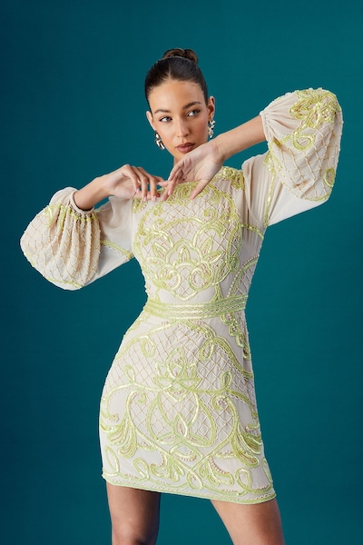 Coast Coast Muse Chiffon Embellished Mini Dress With Blouson Sleeves Natural