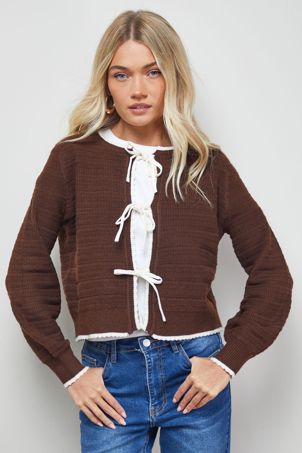 Oasis Contrast Tie Detail Cardigan Chocolate image 4