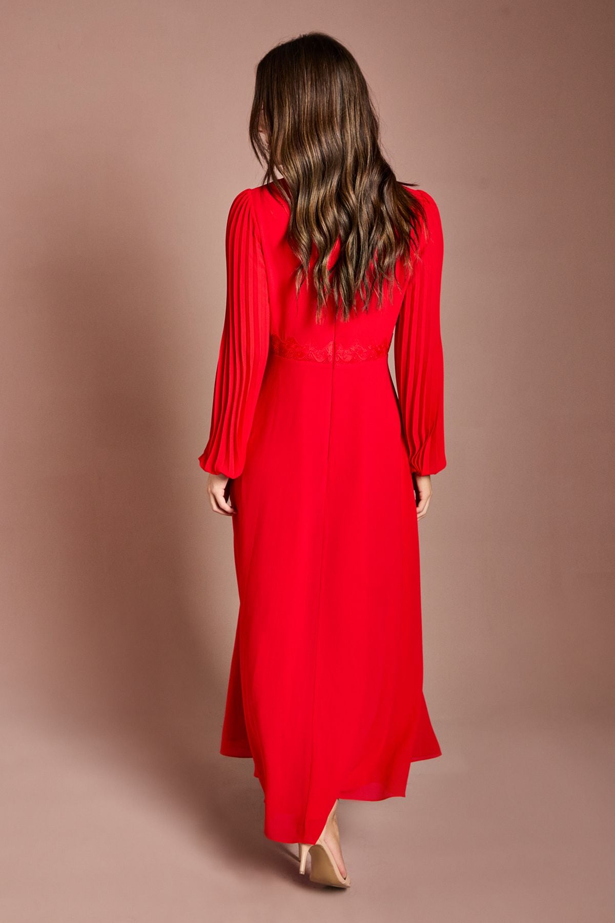 Coast Pleat Detail Lace Trim Maxi Dress Flame Red image 3