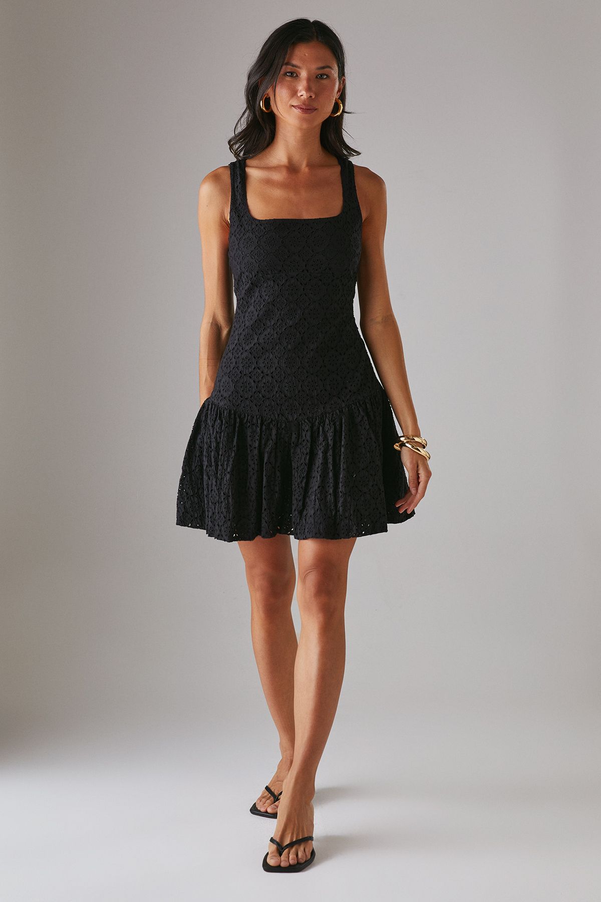 Warehouse Broderie Puff Ball Mini Dress Black image 4