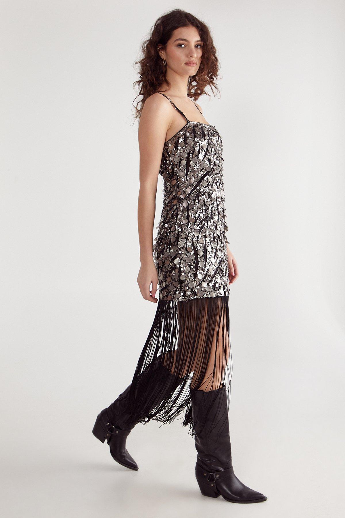 NastyGal Zebra Hand Embellished Disc Sequin Tassel Mini Dress Black image 4