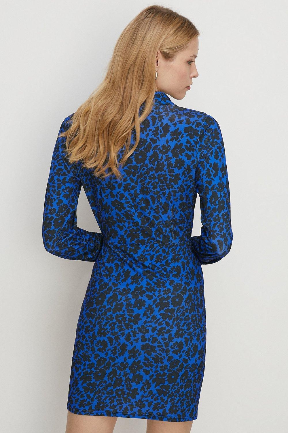 Oasis Slinky Floral Mock Wrap Shirt Mini Dress Blue image 3