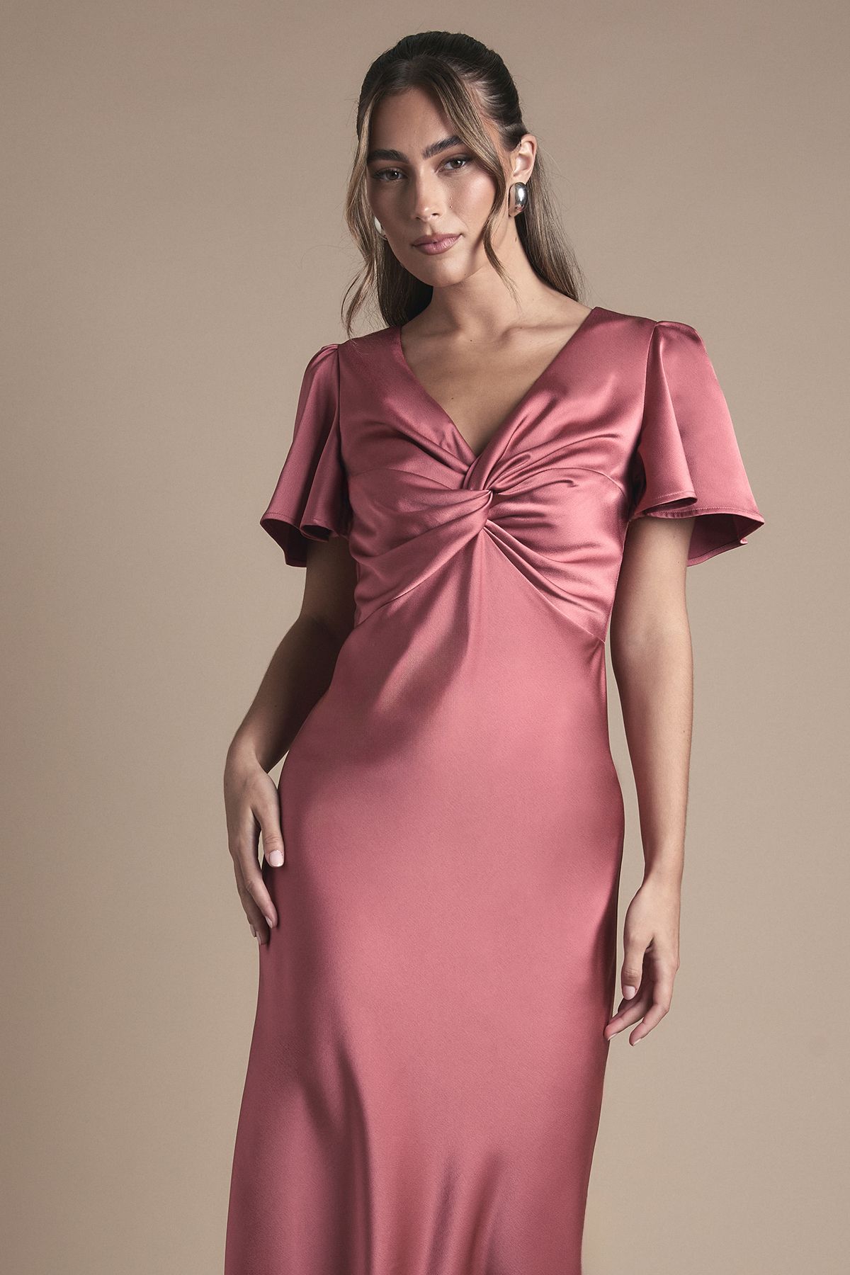 Oasis Satin Twist Front Angel Sleeve Midi Bridesmaid Dress Terracotta image 3