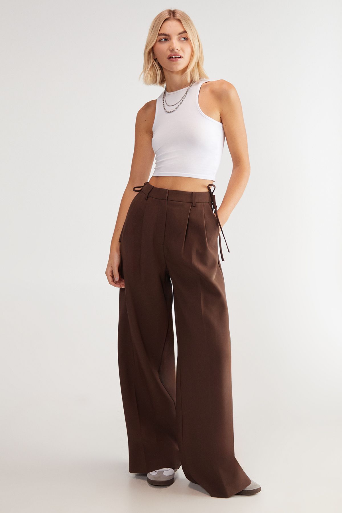 NastyGal Premium Tailored Tie Detail Trouser Choc Brown image 2