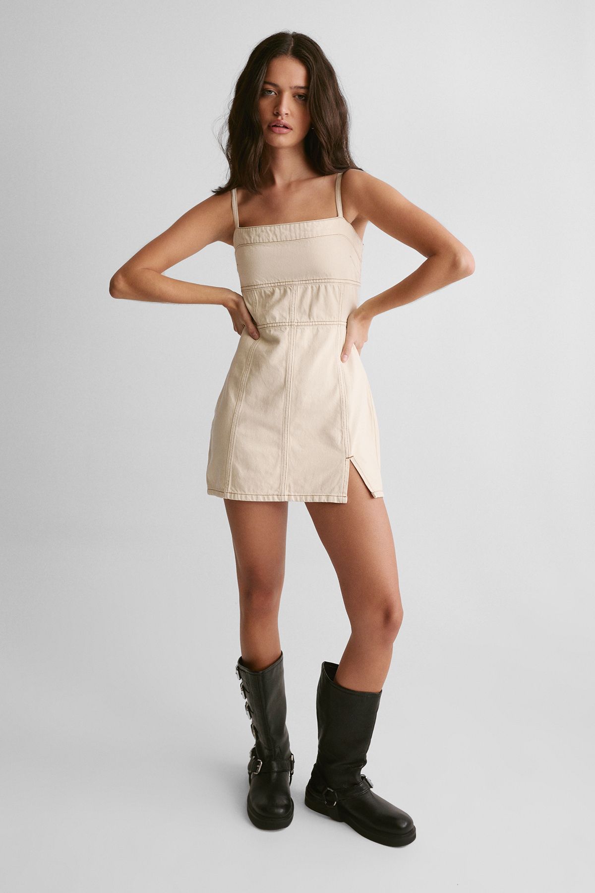 NastyGal The Denim Strappy Mini Dress Ecru image 1