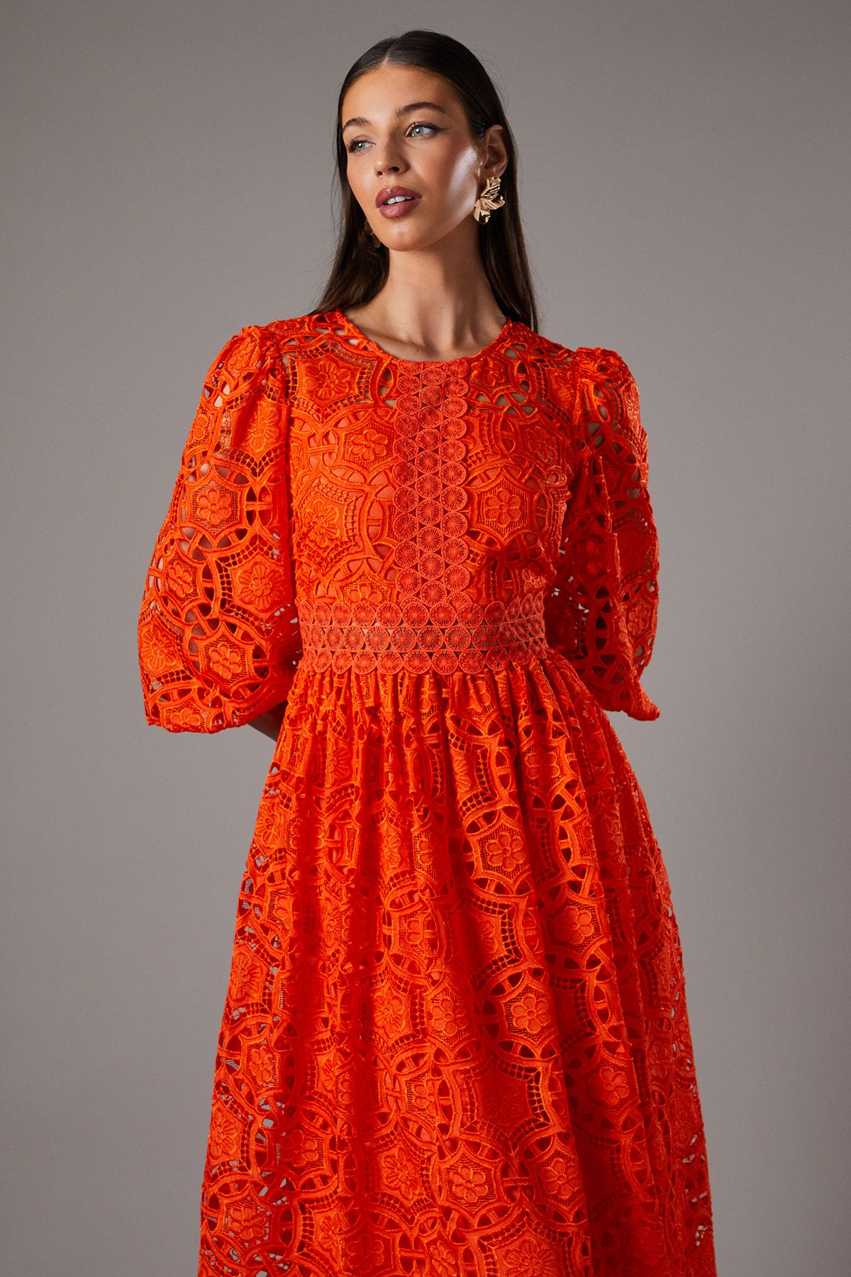 Coast Geo lace Blouson Sleeve Midi Dress Orange image 2
