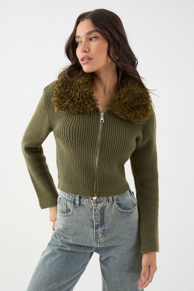 MissPap Teddy Fur Collar Long Sleeve Zip Up Jumper Khaki