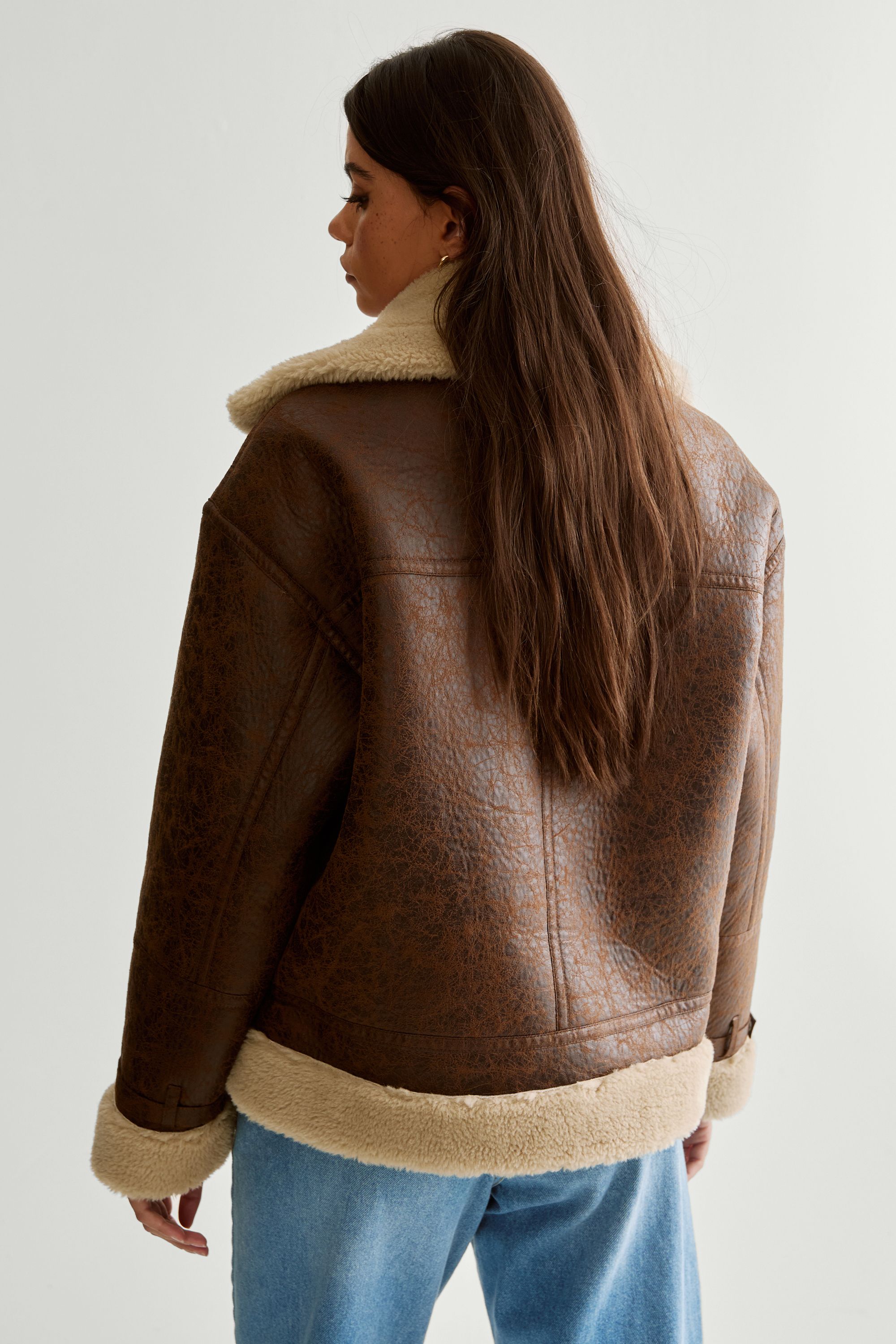 NastyGal Duffle Front Bonded Fur Aviator Brown image 4