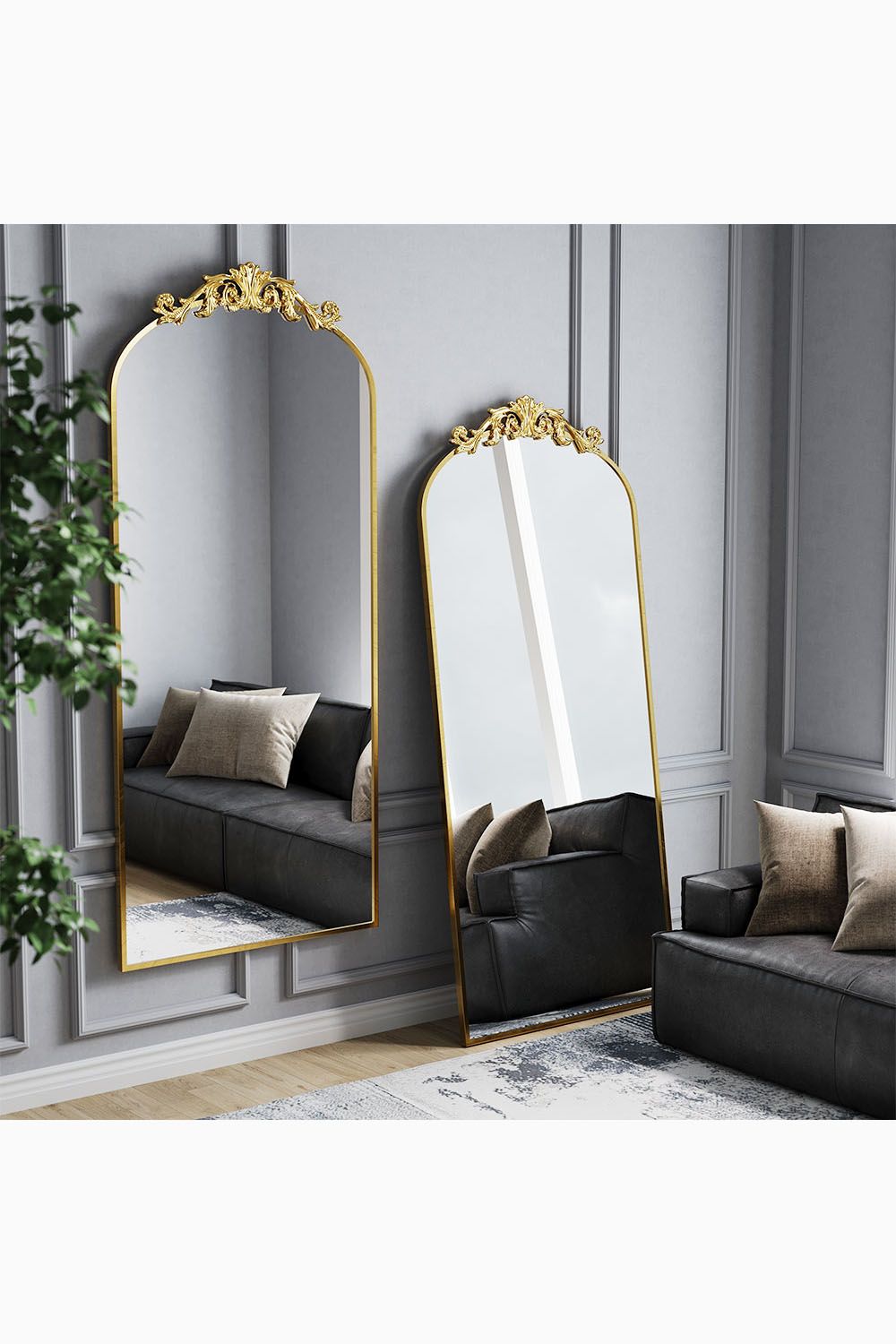 Living and Home 80cm W x 180cm H Vintage-Inspired Gold Floral Carved Metal Framed Arch Full-Length Mirror image 2