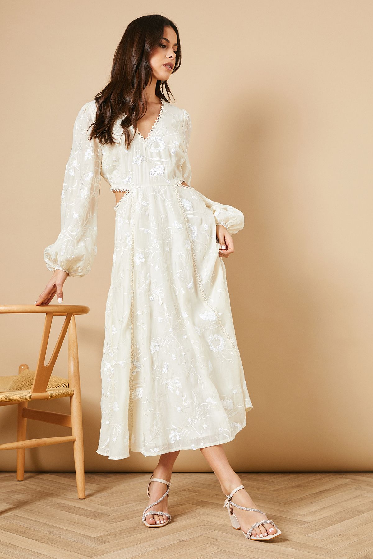 Oasis Andrea Faux Leather Twist Diamante High Block Heel Sandals Beige image 3