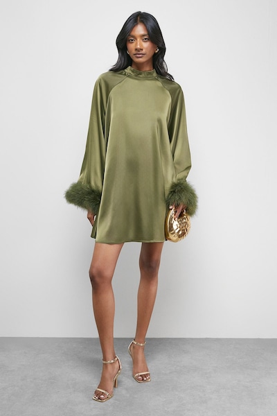 Warehouse Premium Satin Feather High Neck Swing Mini Dress Olive