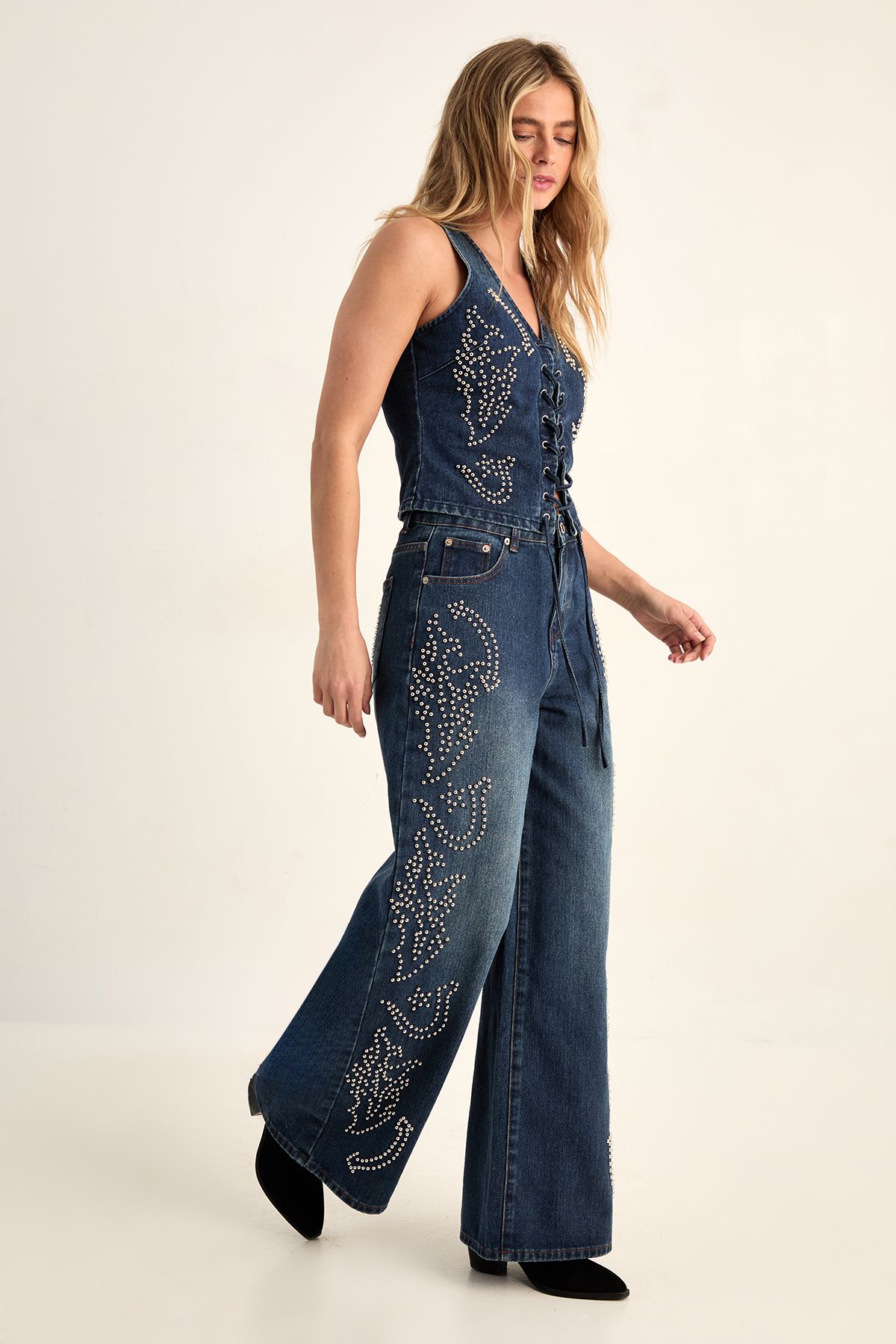 NastyGal Western Baggy Studded Denim Jeans Co-Ord Authentic Midwash