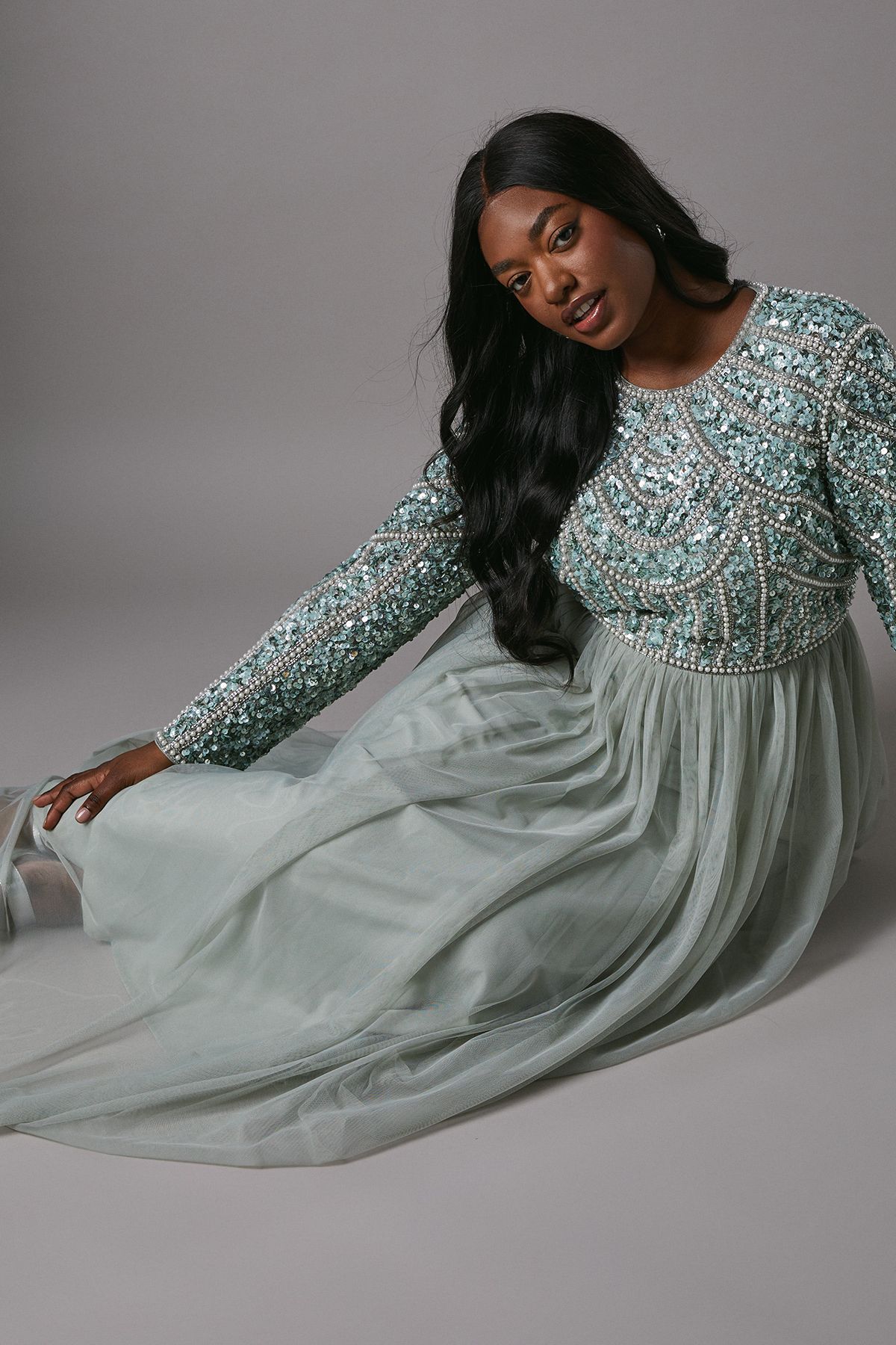 Coast Plus Size Pearl Embellished Bodice Bridesmaid Tulle Skirt Dress Sage image 1