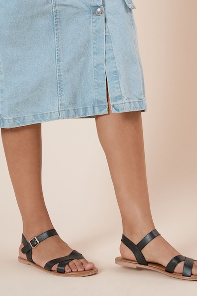 Dorothy Perkins Filomena Real Leather Cross Strap Flat Sandals Black