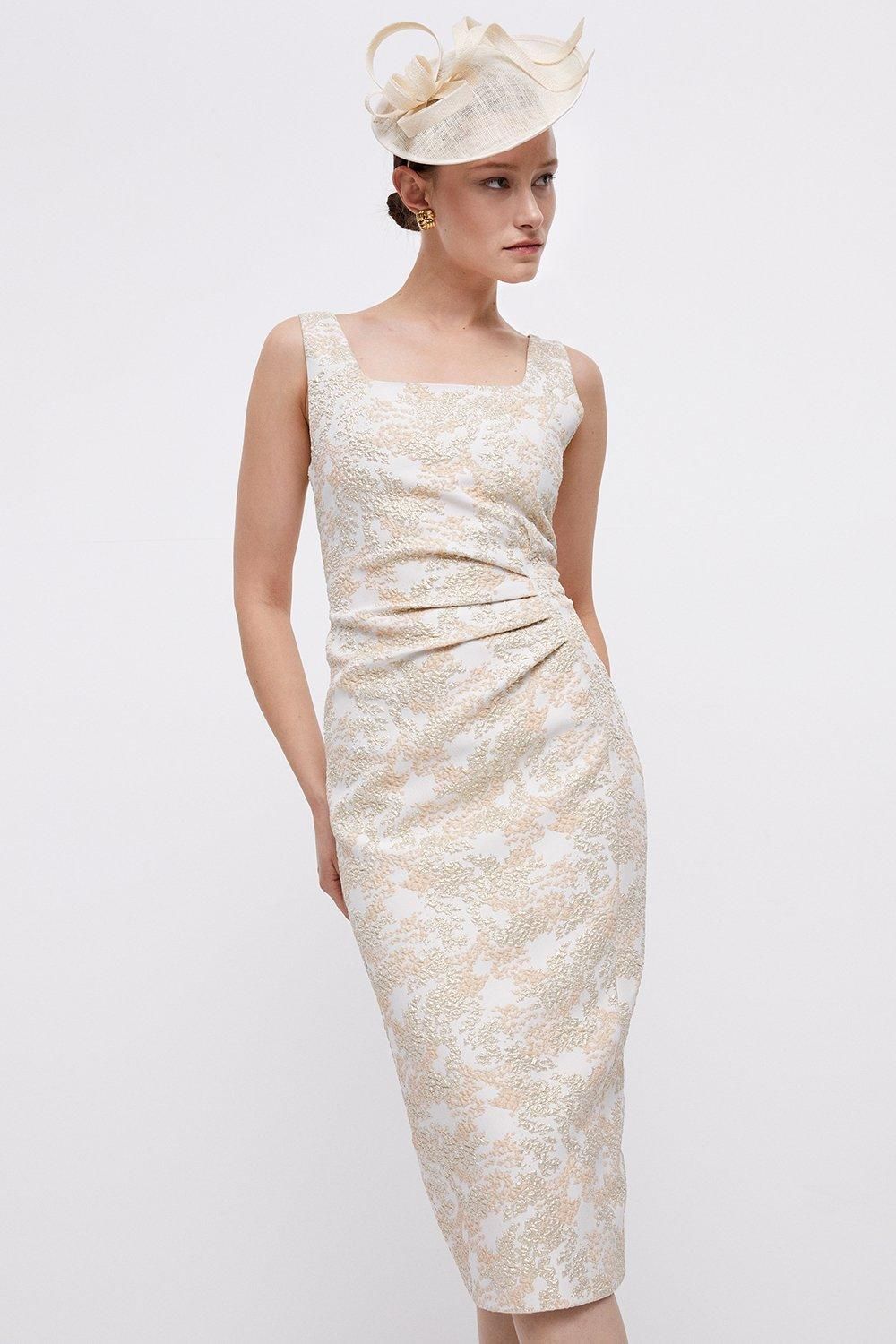Coast Premium Stretch Jacquard Ruche Side Pencil Dress Gold image 1